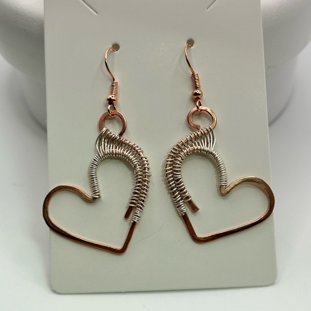 Elegant Heart-Shaped Silver and Copper Earrings